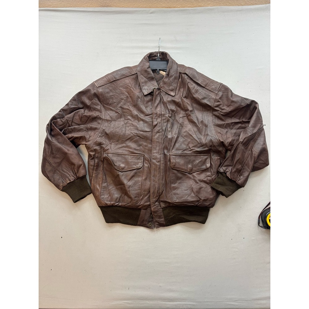 Preston York Mens Brown Leather Bomber Jacket Map Print Lining Aviator XL